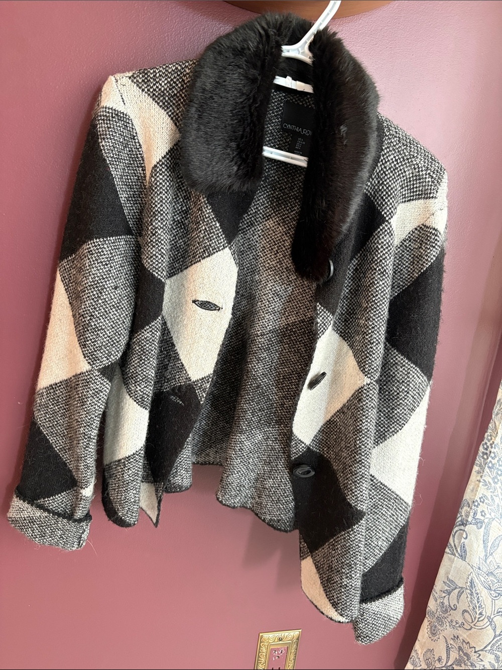 Cynthia Rowley Black & Cream Geometric Faux-Fur Collar Jacket